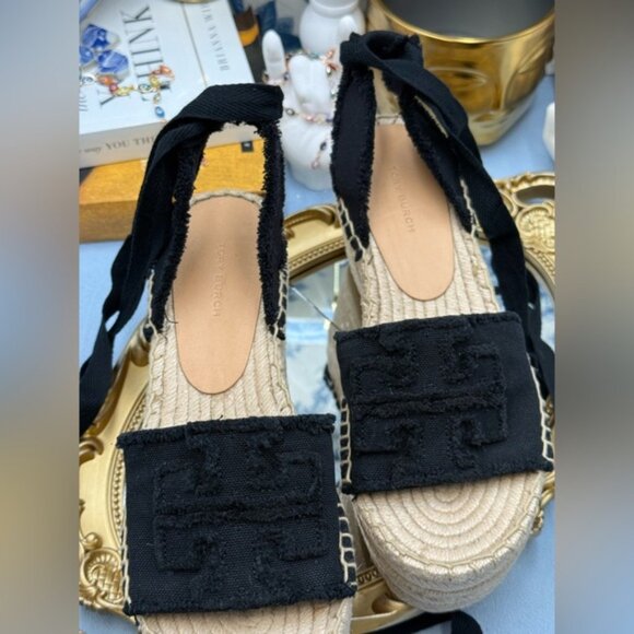 🆕 TORY BURCH 🧿 NWOB Ines Espadrille Wedge Sandal, 80 MM - Black - Sz US 7 - Picture 11 of 13